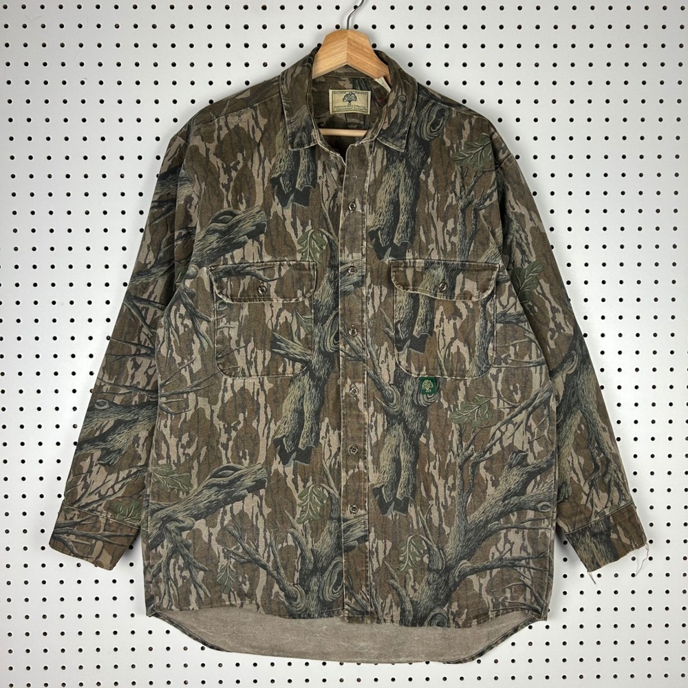 Vtg Treestand Mossy Oak Camo Button Down Shirt Large Made USA Hunting Fishing